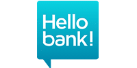 Logo Hello bank! officiel pour banque en ligne mobile Logo Hello bank! blanc dans une bulle de dialogue carrée bleu turquoise.