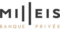 Logo Milleis Banque Privée : Identité Visuelle et Prestige Logo Milleis Banque Privée noir et doré avec trois barres verticales stylisées et mention Banque Privée.